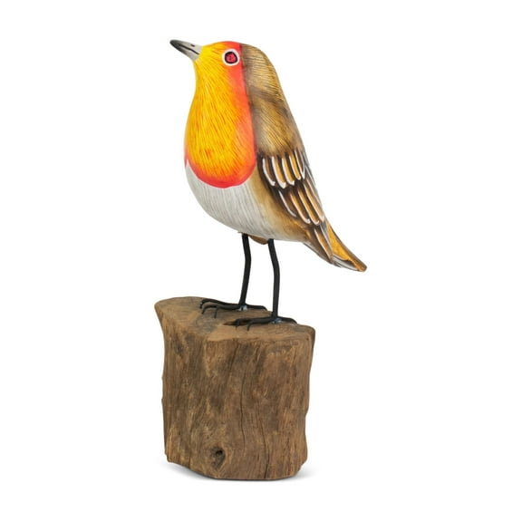 Wood European Robin Figurine – Hand Carved Songbird Sculpture, Rustic Bird Decor on Driftwood Base