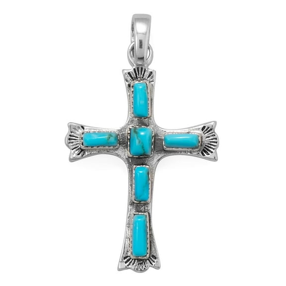 Reconstituted Turquoise Cross Rectangle Stones Sterling Silver, Pendant Only