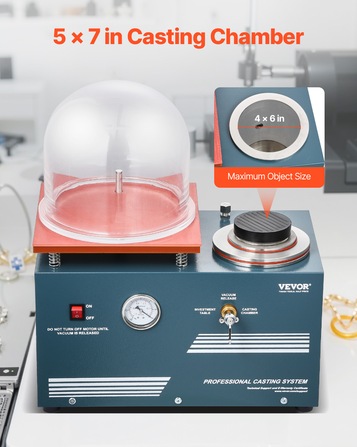 VEVOR Vacuum Investing Casting Machine, 290W Power, with 3 CFM Pump and Bell Jar, Convenient Oil Injection Port, Precision Pressure Gauge, 11 x 11 in Workbench, Casting Machine for Jewelry and Metal