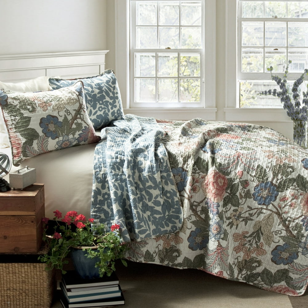 Lush Decor Sydney Floral Cotton Reversible Quilt, King, Green/Blue, 3