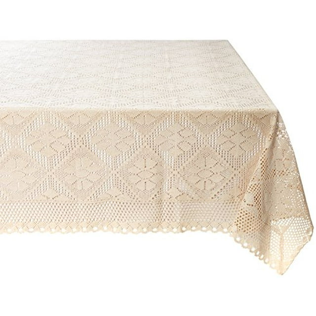 Violet Linen Stars Crochet Vintage Lace Design Oblong/Rectangle Tablecloth 60" x 120" Ivory