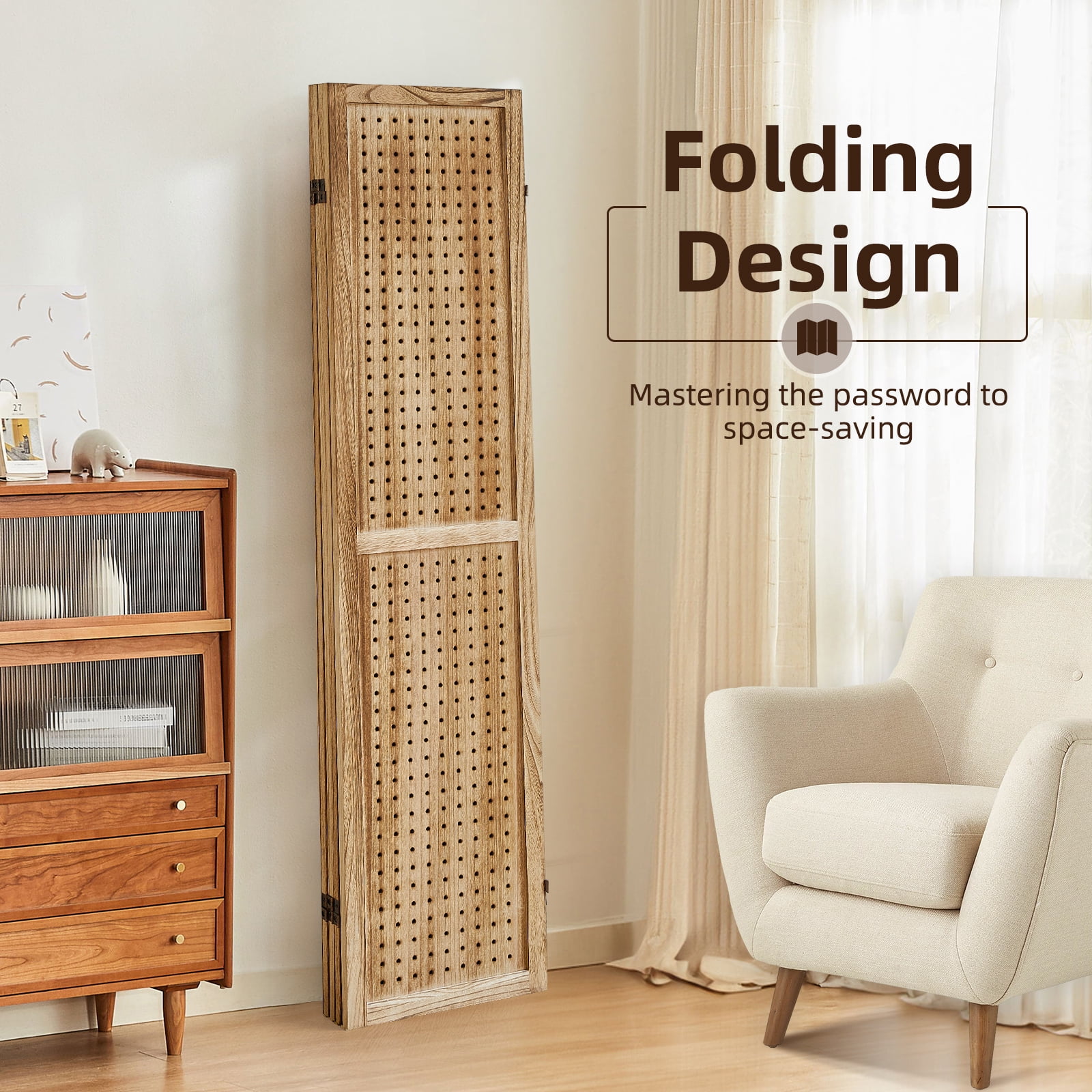 Aletheiawu 4 Panel Display with 16 Hooks, Wood Room Divider Wall, No Installation, Light Brown