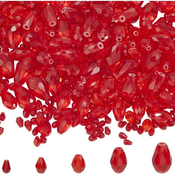 1 Box 5 Sizes 7 Strands Red Clear Teardrop Glass Beads Mixed Size Center Hole Water Drop Faceted Transparent Spacer Charms Bead for Jewelry Making Bracelet Necklace Diy Craft Supply