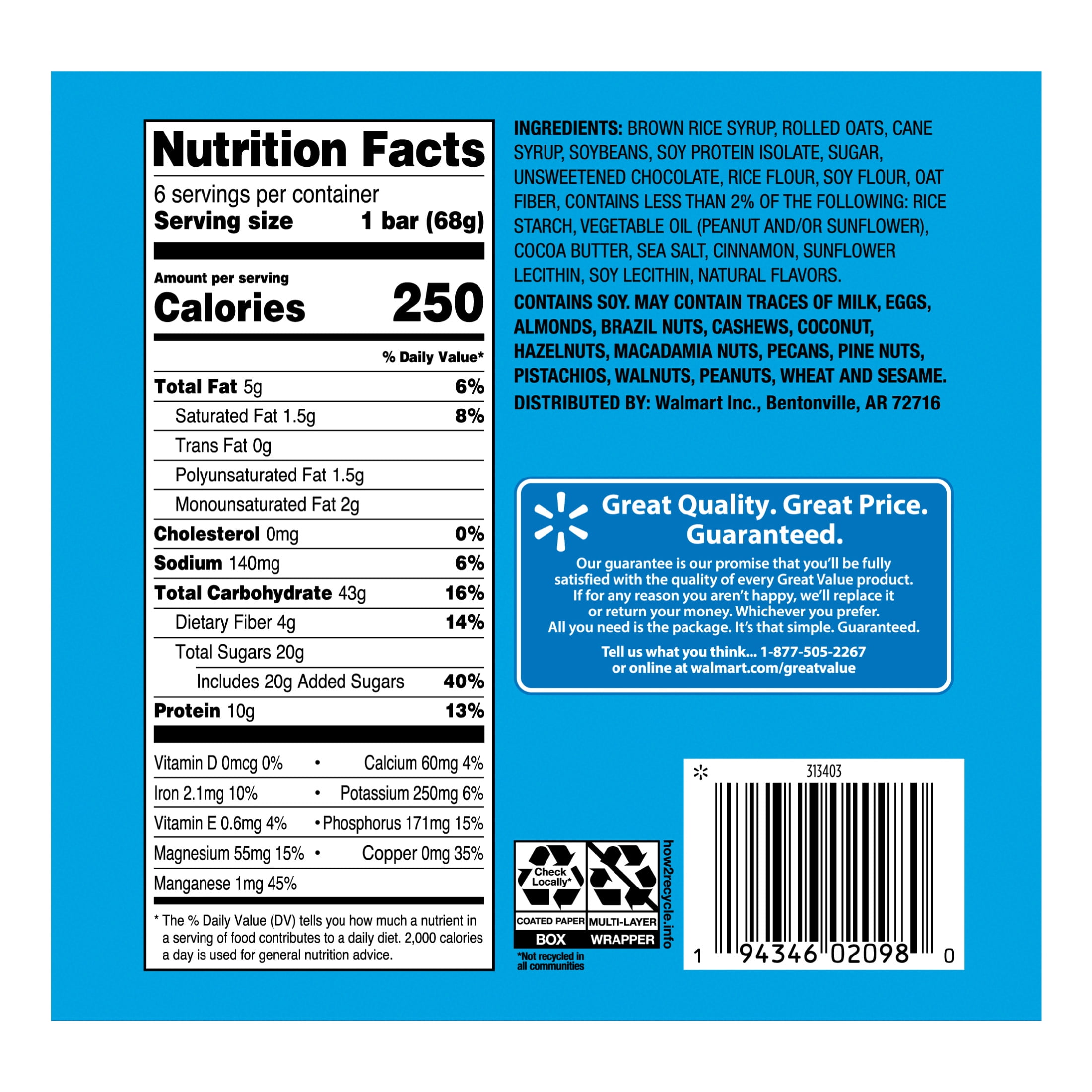Great Value Energy Bar, Chocolate Chip, 2.4 oz, 6 Count