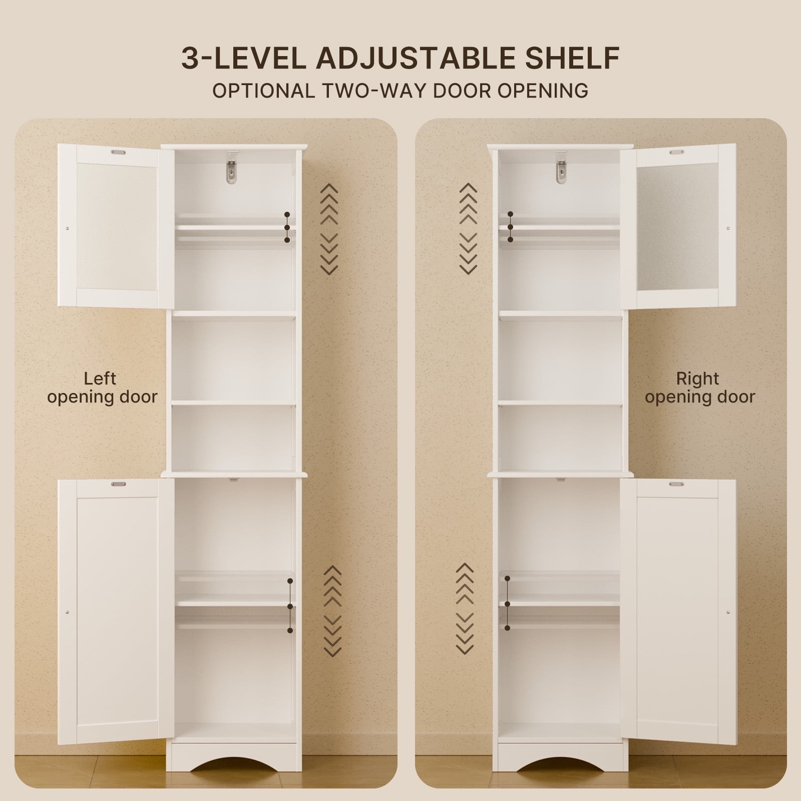 Aiho Bathroom Storage Tower–Two-Way Doors, Adjustable Shelves, Anti-Tip Freestanding Linen Cabinet for Home, Kitchen, Living Room White