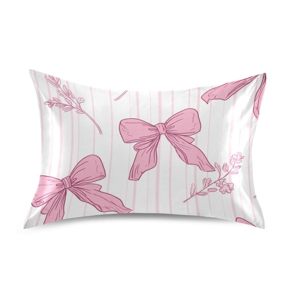 Pink Stripes Bows with Leaves Satin Pillowcase Envelope Design Pillow Covers 1 Pack Standard Size 20" x 26"