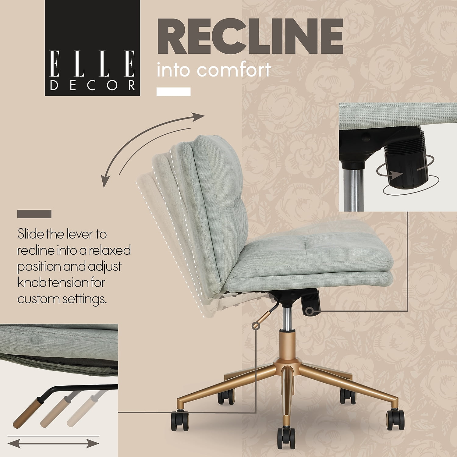 Elle Decor Ariana Criss Cross Armless Ergonomic Fabric Swivel Computer and Desk Chair Mint Blue