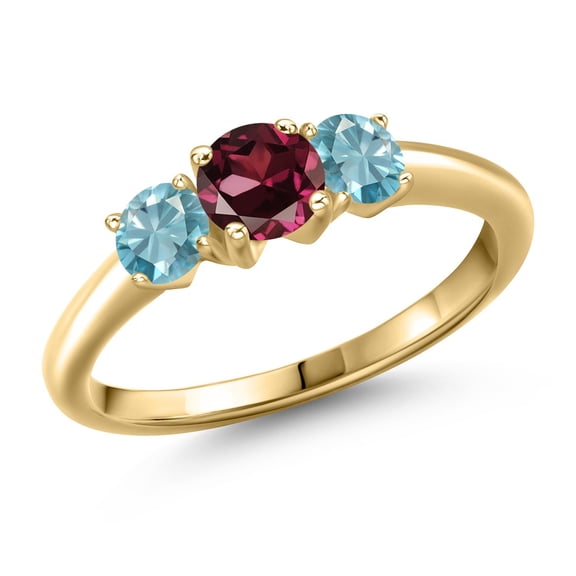 Gem Stone King 10K Yellow Gold Red Rhodolite Garnet and Blue Zircon Engagement Ring for Women | 1.60 Cttw | Round 5MM | Gemstone January Birthstone | Size 8