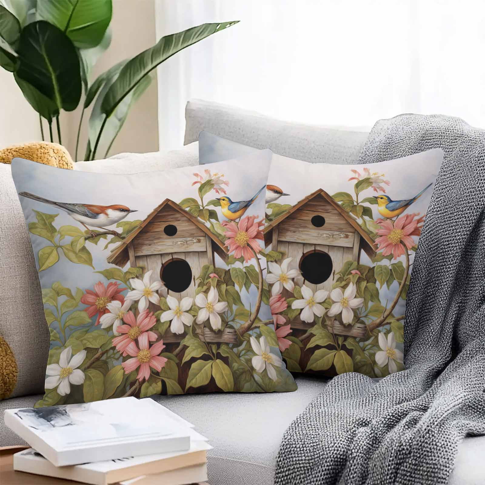 Boanket Outdoor Pillow Covers 24 x 24 Inches, Birdhouse, Waterproof Throw Pillow Cover Set of 2, Farmhouse Leaves Country Vintage Animal Decorative Square Cushion Covers for Patio/Tent/Couch/Garden