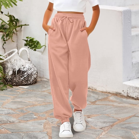 UACY Girls Sweatpants Baggy High Waisted Cinch Bottom Joggers Fall Fashion Drawstring Athletic Track Pant with Pocket (Light Pink, 13-14 Years)