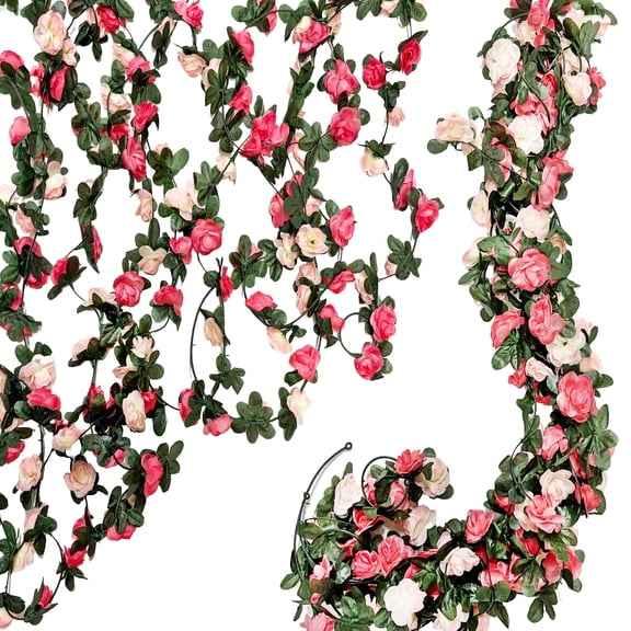 TETOU 6pcs Flower Garlands Artificial Rose Vine Flowers with Leaves 66ft Hanging Roses Vine for Room Wedding Birthday Christmas Wall Decor(Pink)