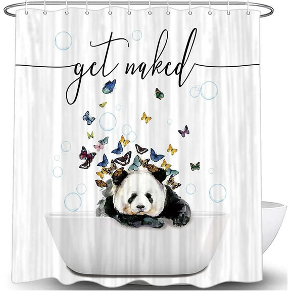 Sonernt Get Naked Shower Curtain, Cute Funny Panda Butterfly Fabric Shower Curtains Set for Kids Bathroom, Funky Trendy Fun White and Black Restroom Decor Accessories with Hooks 72X 72 inch