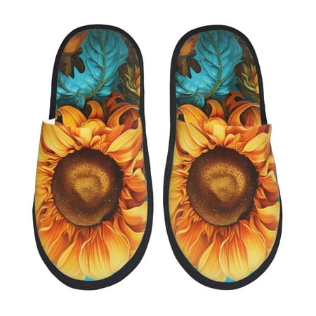 Balery Deep Yellow Colorful Sunflower Slient Indoor Furry Fleece Comfort House Shoes Soft Non-Slip Home Shoes Cotton slippers House Slippers-- Large