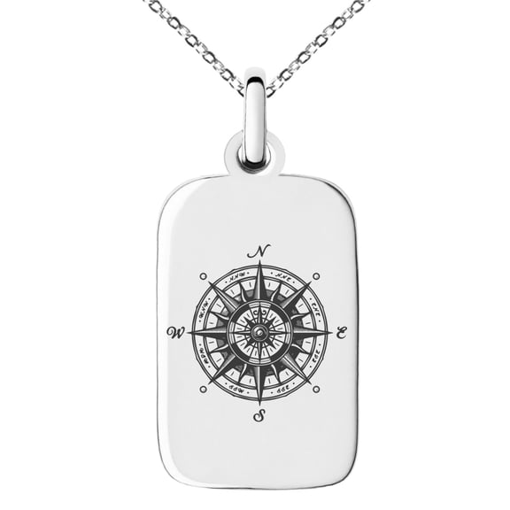Stainless Steel Nautical Vintage Compass Engraved Small Rectangle Dog Tag Charm Pendant Necklace