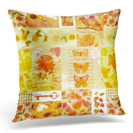 ARHOME Golden Toned Vintage Collage with Watercolor Drawings and Patterns of Birds Flowers Leaves Butterflies Pillow Case Pillow Cover 20x20 inch