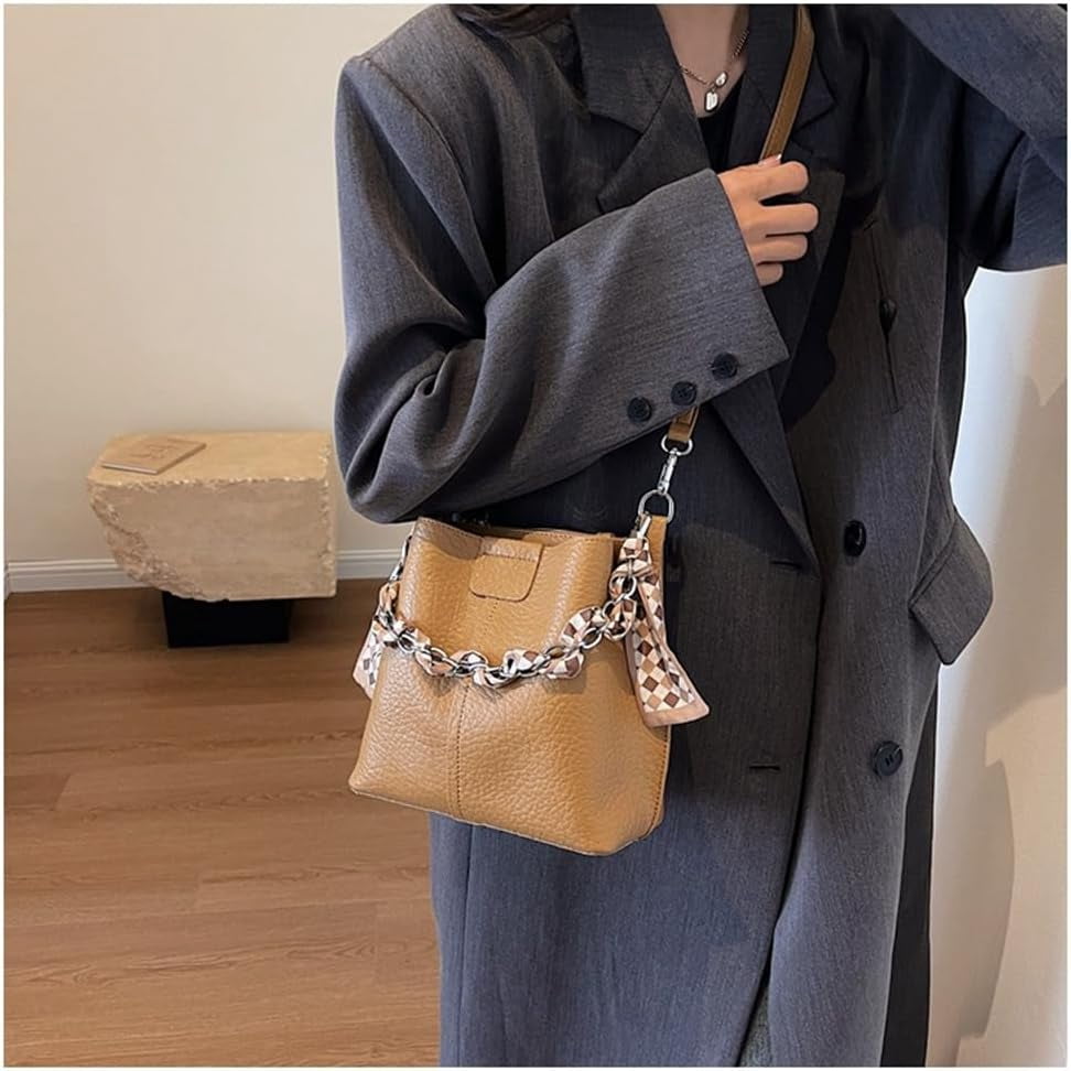 Leather Bucket Bag with Thick Chain for Women Hobo Bucket Bags and Purses Casual Crossbody Shoulder Bucket Handbag