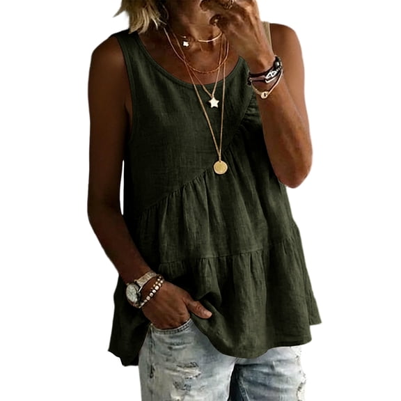Womenβs Linen Sleeveless Ruffle Tiered Tank Top, Casual Loose Summer Flowy Cami for Beach Vacation and Daily Wear