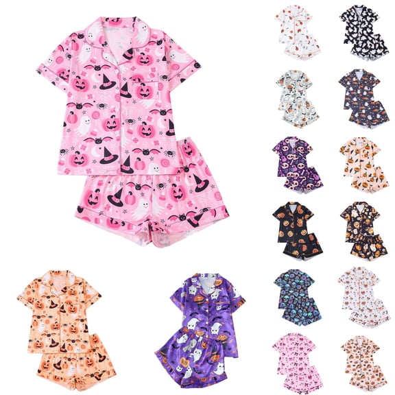 LILIYA Halloween Pajamas Women Ghost Pumpkin Printed Short Sleeve Lapel Button Shirts and Shorts Cute Soft Nightwear Sleepwear European and Style
