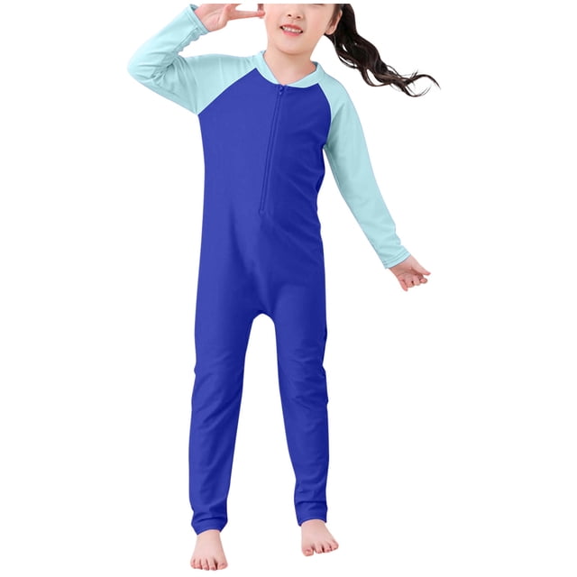 Girls Rash Guard Surfing Bathing Suit Color Block Zipper Front Long Sleeve One Piece Swimsuits for Kids 3-10 Y