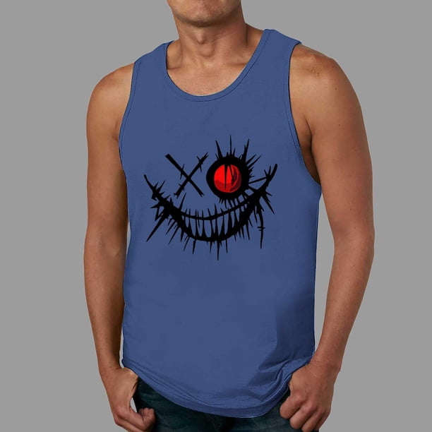 Ceisia Men's Slim Fit Crew Neck Sleeveless Tank Top Edgy Demon Smile Graphic Print Athletic Shirt Blue S Gifts