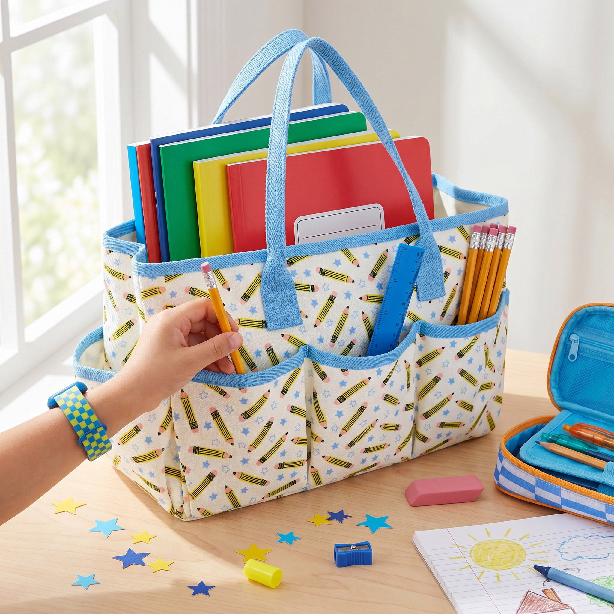 Pen+Gear Teacher Tote Organizer with 5 Side Pockets, Pencils Design