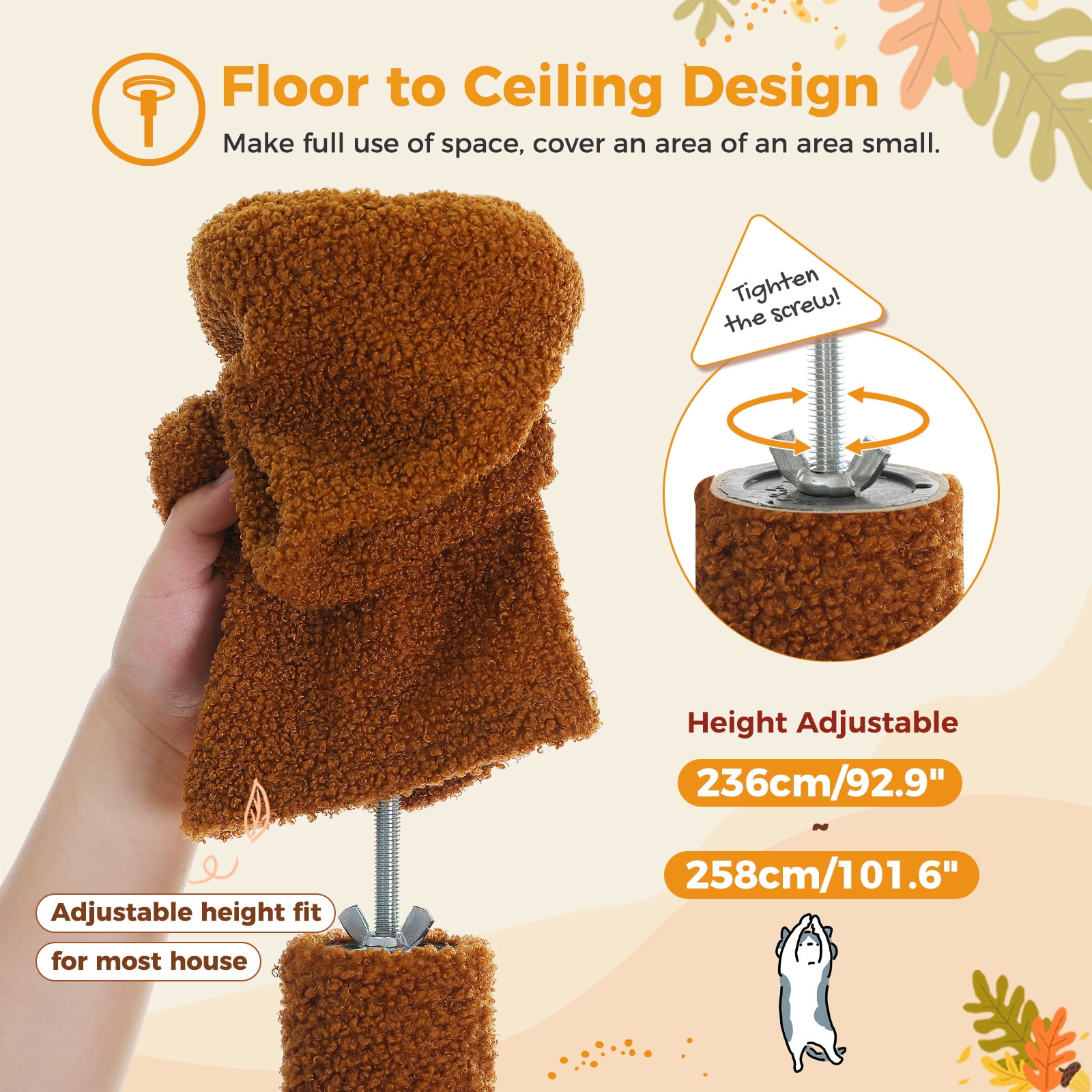 Kadyn 92.9"-101.6" Height Adjustable Cat Tower Kitty Climbing Play House Floor to Ceiling Cat Tree for Indoor with Cozy Cat Condo, Brown
