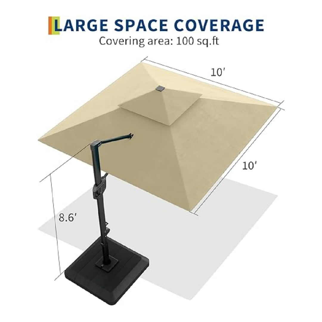 10' x 10' Heavy Duty Cantilever Patio Umbrella with LED Lights & Weighted Base, Square Aluminum Offset Umbrella 360-Degree Rotation for Outdoor Decor, Backyard, Deck, Pool