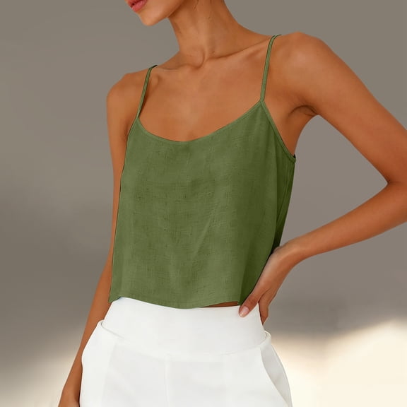 Huowey Women Cami Solid Color Spaghetti Strap Scoop Neck Loose Fit Crop Top Camisole Summer Sleeveless Tank Top Casual Blouse Lightweight Basic Beach Vacation Shirt,Army Green,L