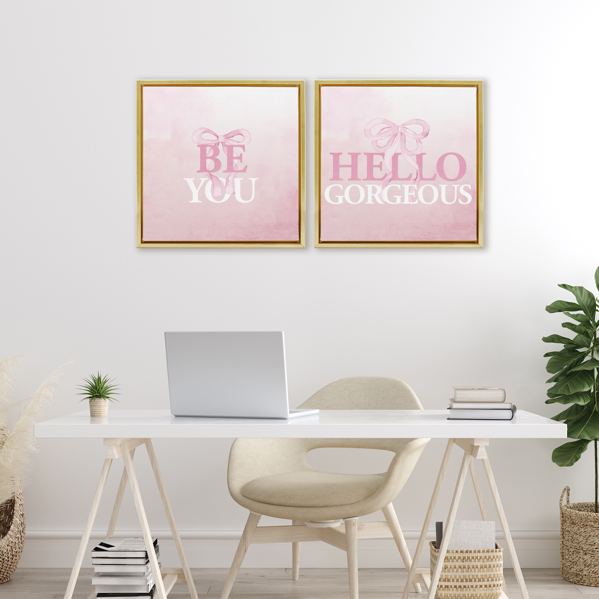 Pink Feminine Empowerments 2 Piece Gold Framed Floater Canvas Set, design by Kim Allen