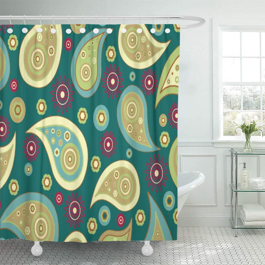 CYNLON Yellow Teal and Gold Paisleys Pattern Bathroom Decor Bath Shower