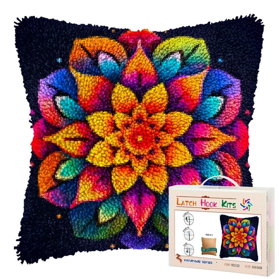 Colorful Flower Mandala Pattern DIY Latch Hook Pillow Kits for Adults Printed Pillowcase Crochet Yarns Hooking Handmade Pillow Cover Cushion for Home Sofa Decoration 17x17inch(6)