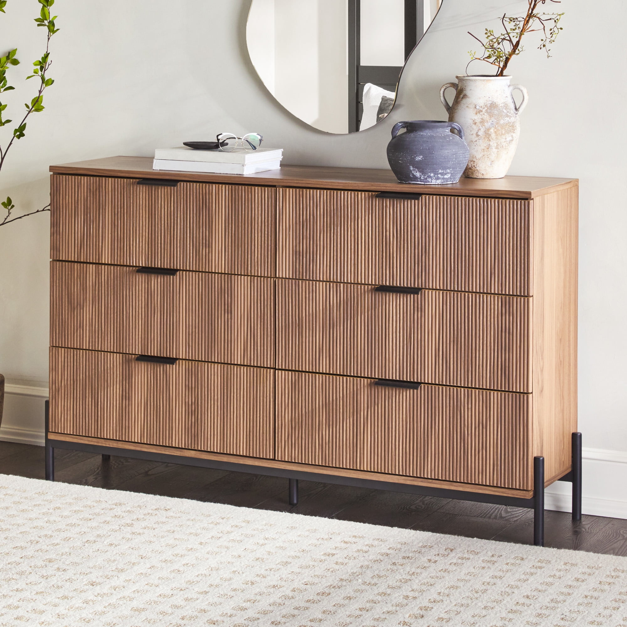 Walker Edison Mid-Century 6-Drawer Dresser with Reeded Drawer Fronts, Mocha