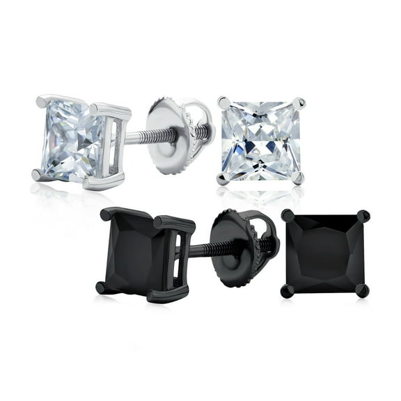 Bling Jewelry Mens Set of 2 Black Clear Square CZ Stud Earrings Black Plated Silver 7MM Screw Back