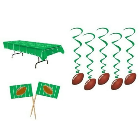 Football Party Decorations - 5 Football Whirls Hanging Decorations, 50 Football Flag Picks and a Plastic Green Yardline Tilecover (Bundle of 3) by Beistle