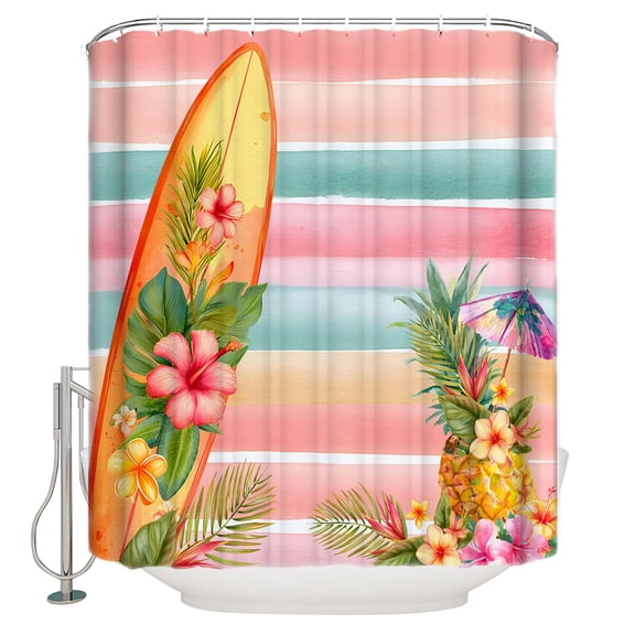 Summer Surfboard Bathroom Shower Curtains with 12 Hooks Waterproof Shower Curtain for Stalls and Bathtubs Tropical Palm Leave Pineapple Colorful Wooden Decorative Bathroom Curtain 66x72 Inches