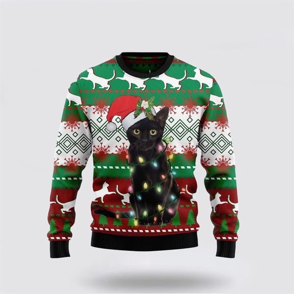 Pet Cat Sweater, Black Cat Light Christmas Ugly Christmas Sweater, Gift For Cat Love, Cat Crewneck Sweater, Winter Fashion
