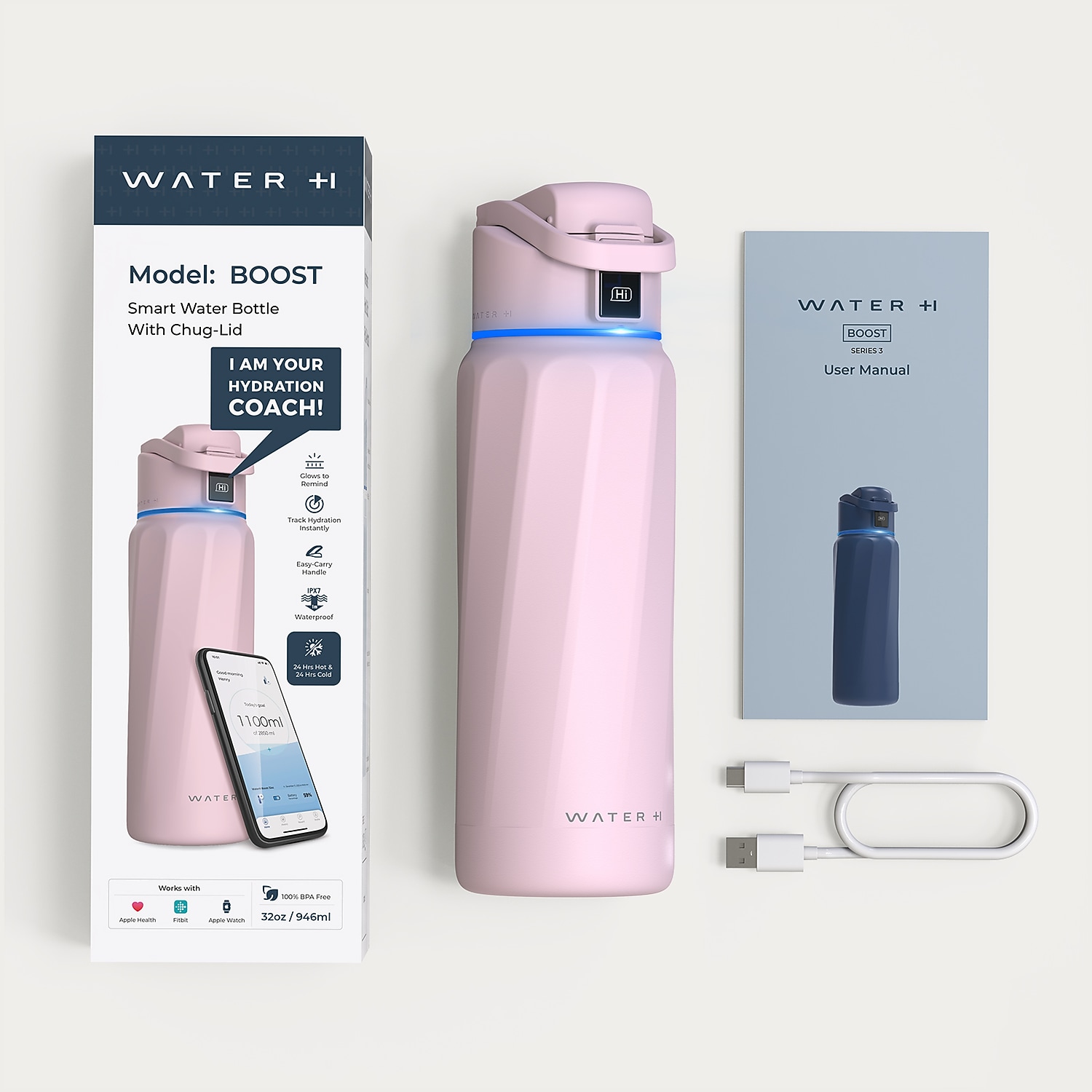 WaterH BOOST Stainless Steel Triple Wall Insulated Smart Water Bottle 32 oz. Pink (B003PK)