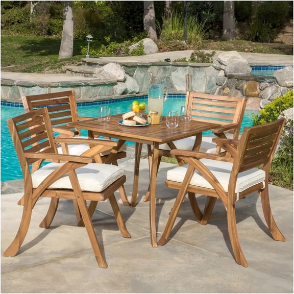JERFIT 5-Piece Outdoor Dining Set with Cushions, Acacia Wood Patio Table and 4 Chairs, Teak Finish, Cream Waterproof
