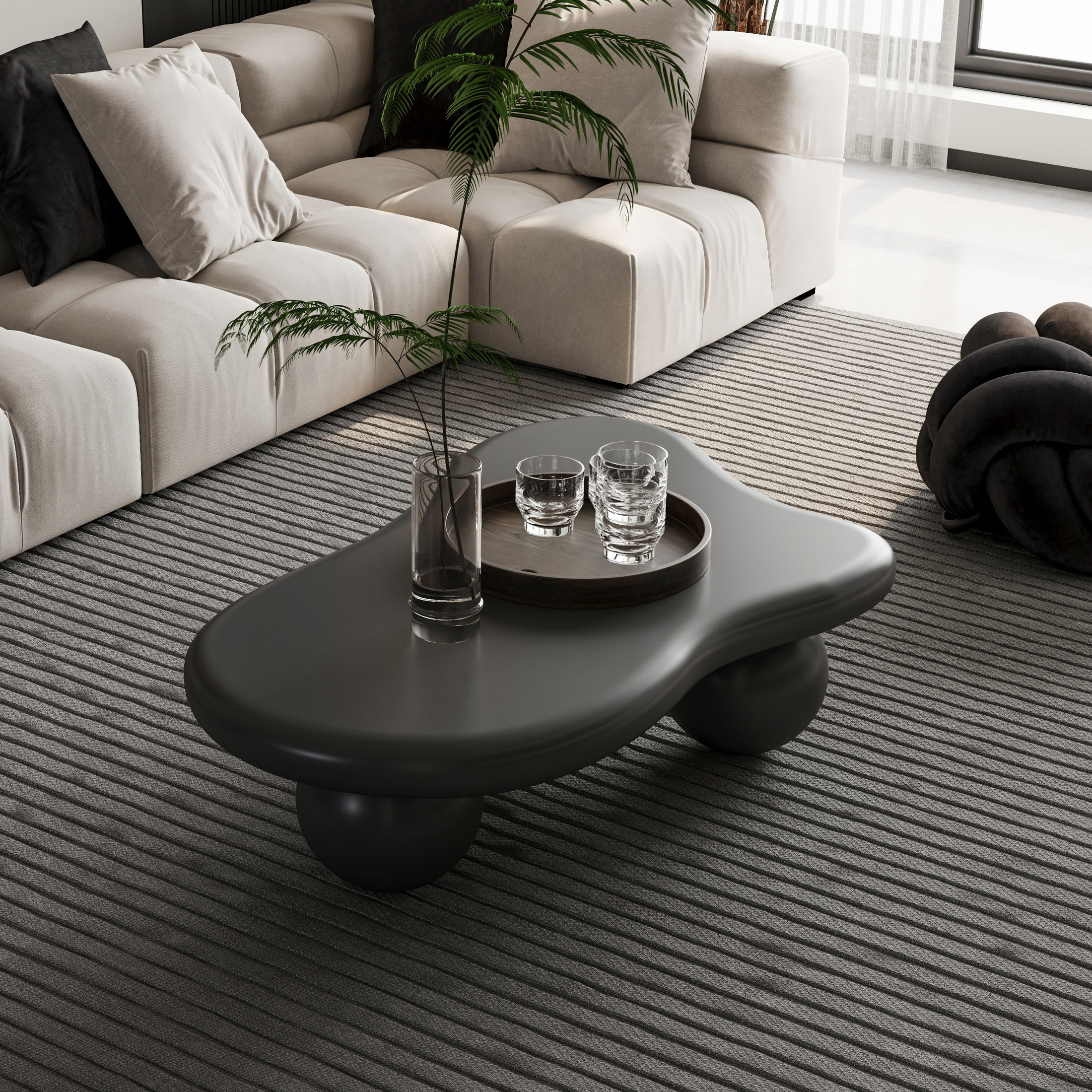 Noble House 40" Cloud Shaped Coffee Table with Ball Legs, Modern Aesthetic Accent Table for Living Room, Black