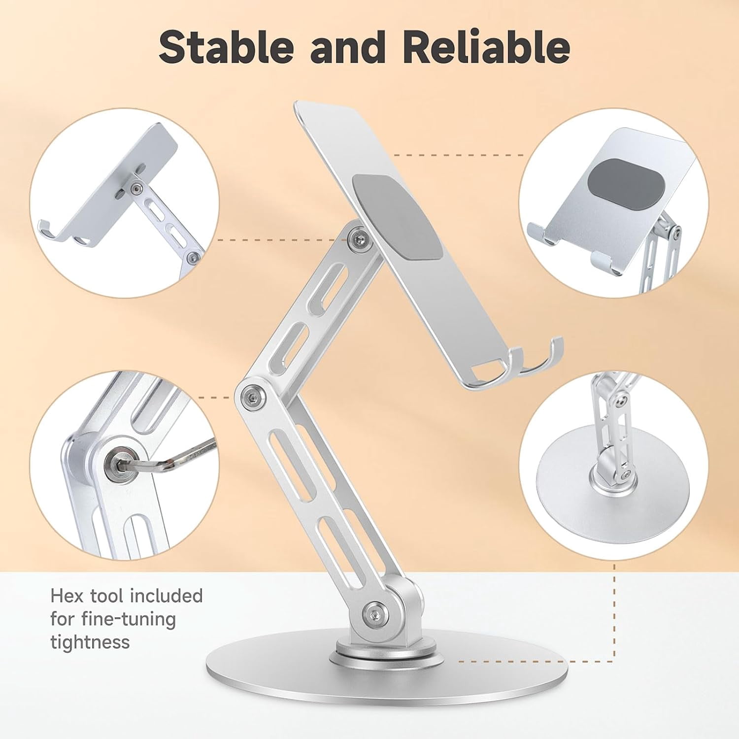 NEOYFC for  Phone Stand for Desk, No Wobble Heavy Base, Height Adjustable foriPhone & iPad Stand, 360° Rotating Foldable Phone Holder for Desk Office Home (4–11”)