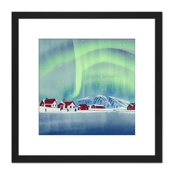 Norway Northern Lights Snow Mountain Vibrant Sky Winter Red Houses Village Square Wooden Framed Wall Art Print Picture 8X8 Inch