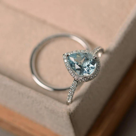 Natural aquamarine statement ring, March birthstone, solid white gold, 2 rings wedding band set