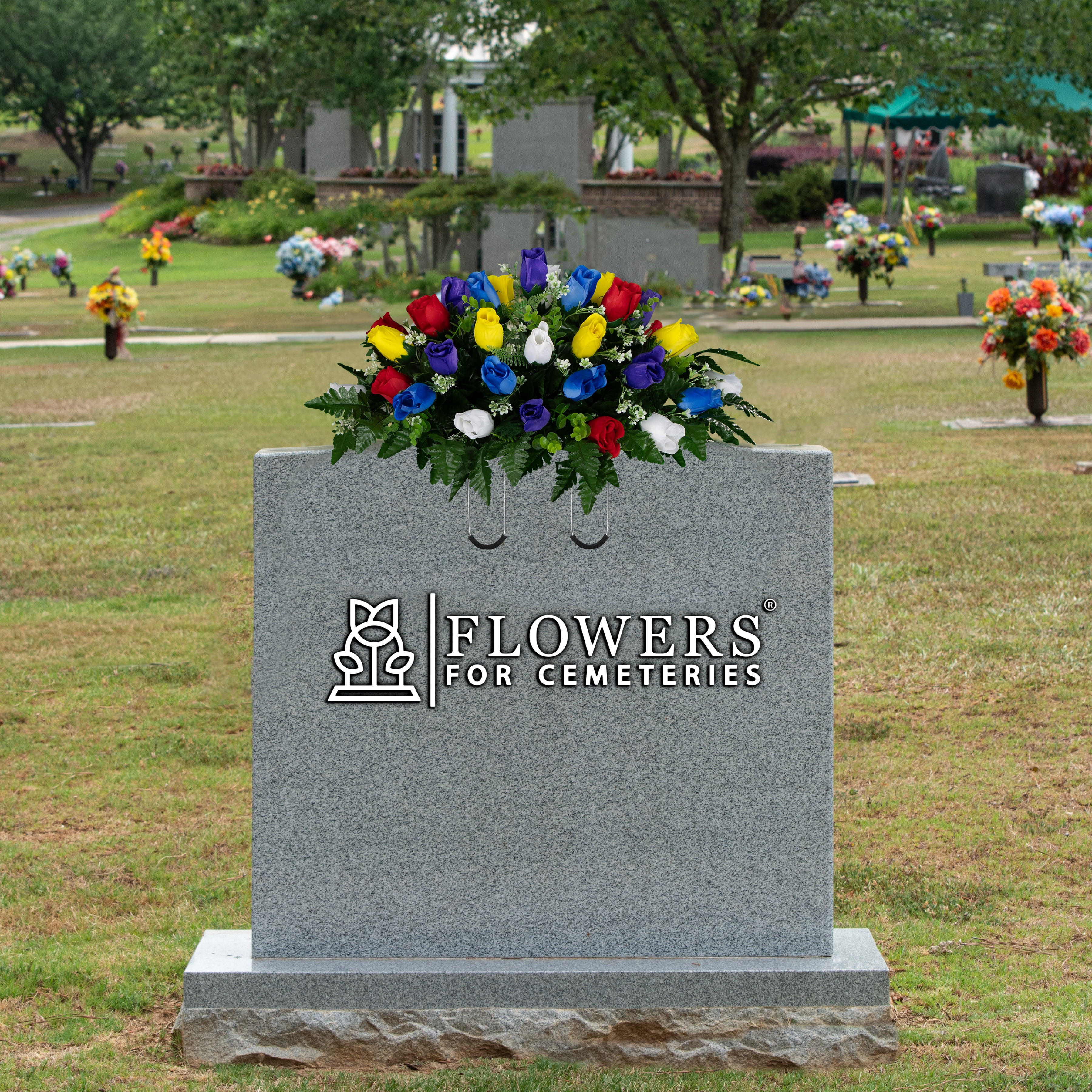 Sympathy Silks Artificial Cemetery Flowers 30" Multi-Color Rose Buds Saddle for Headstone