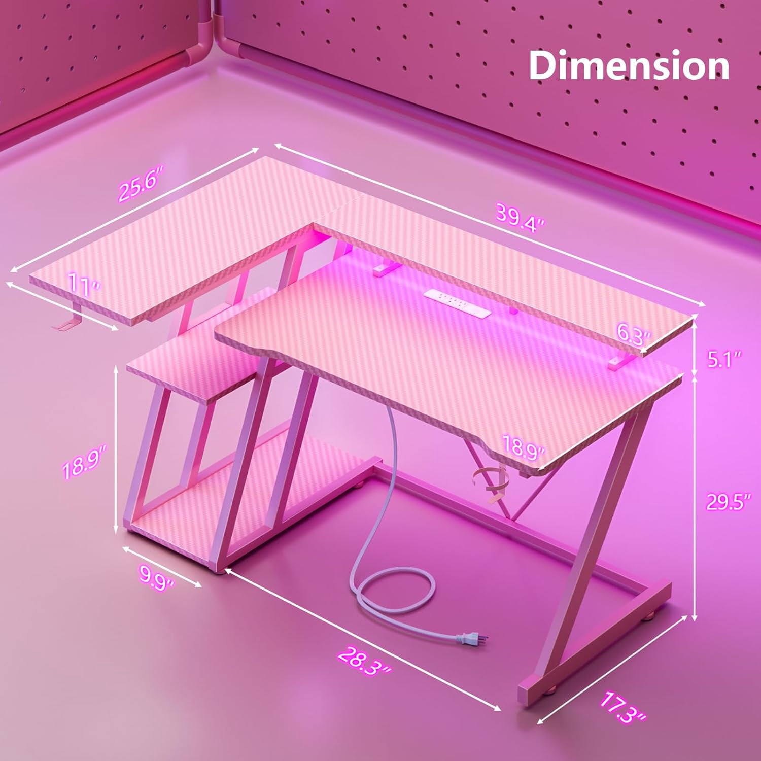 40 Inch Gaming Desk with Power Outlet & LED Lights, L Shaped Computer Gaming Table with 3 Tiers Storage Shelves, Corner Gamer Desk with Monitor Stand for Small Space,