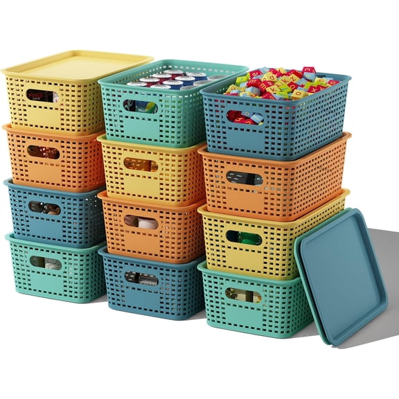 TT-Plastic Storage Basket with Lids 12 Pack Stackable Colorful Storage Bins Containers with Lid, Decorative Storage Boxes for Organizing Shelves, Drawers, Playroom, Classroom, Office, Closet