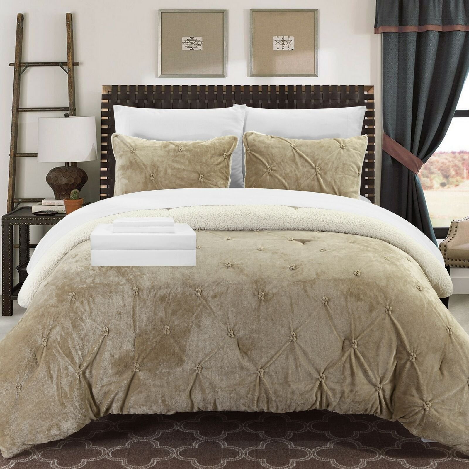 Chic Home Roald Micro Mink Ruffled Pinch Plead Pintuck Sherpa Lined