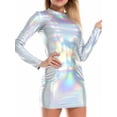 thumbnail image 2 of iiniim Women's Shiny Metallic Mock Neck Long Sleeves Bodycon Mini Club Party Dress with Headband A Silver M, 2 of 7