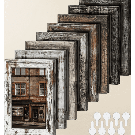 Set of 8 5x7 Picture Frames, Rustic Farmhouse Style, Real Glass, Wall or Tabletop Display, 8 Assorted Wood Colors