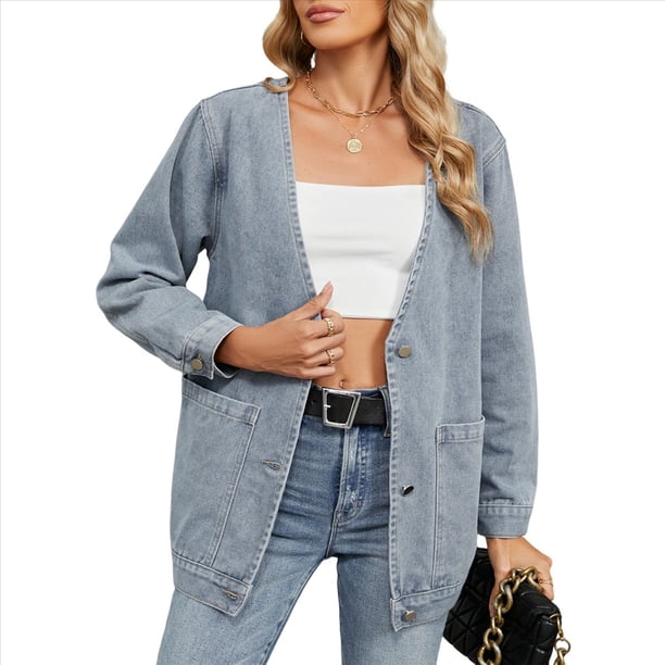Chaqueta Vaquera Tipo Cárdigan con Botones para Mujer, de Moda de Otoño, con Cuello en V, Larga, Abrigo de Invierno. Azul L