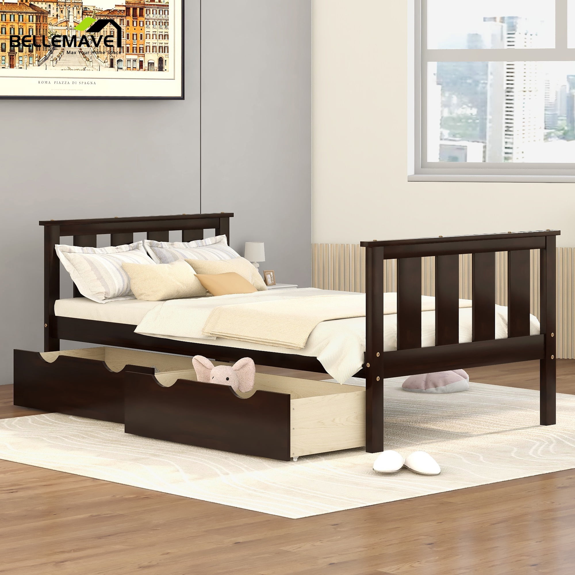 Bellemave Twin Size Platform Bed with Storage Drawers, Modern Wood Kids Twin Bed Frame with